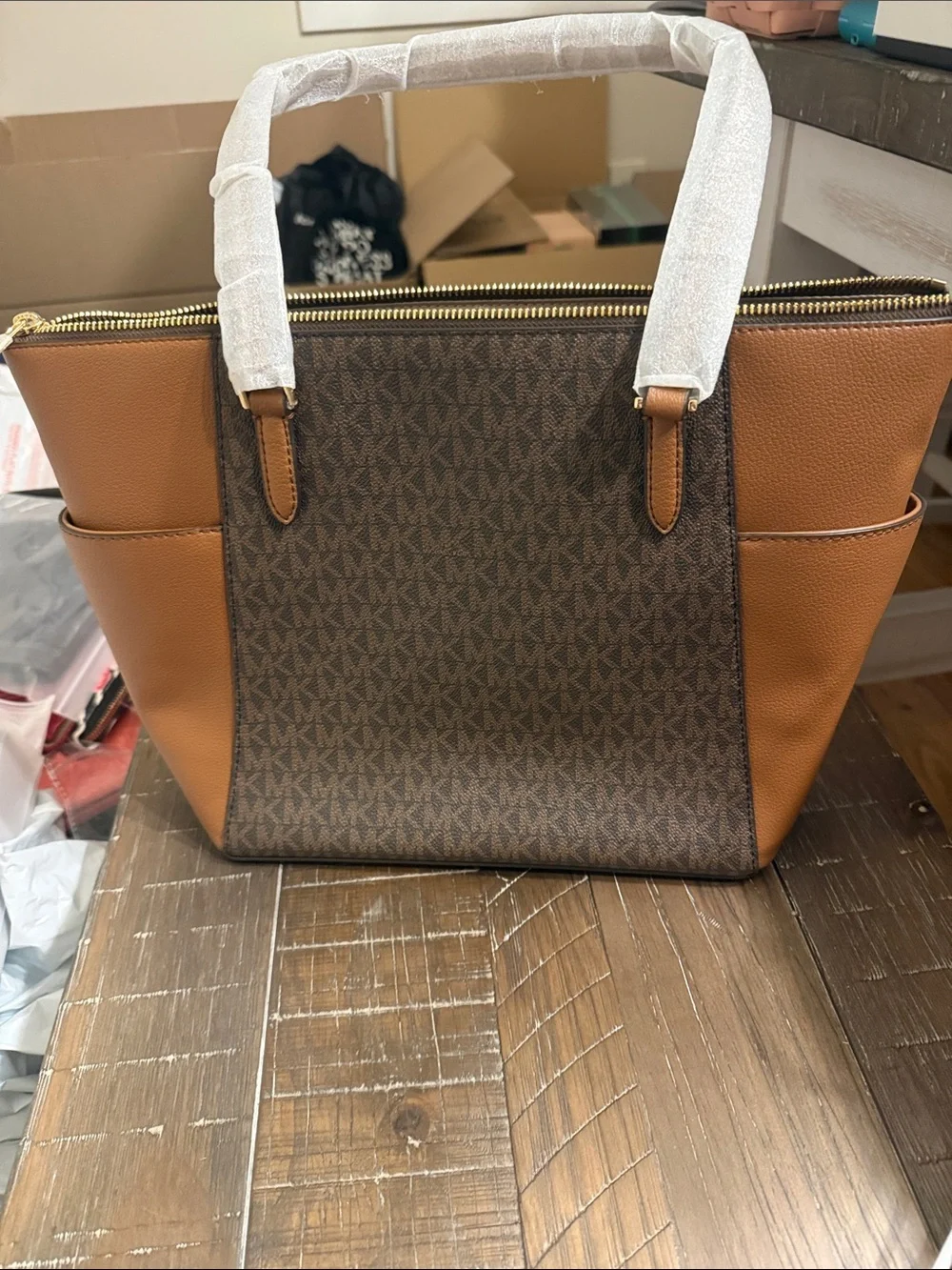 Michael Kors Brown Logo-Print Tote with Tan Trim - Picture 4 of 8